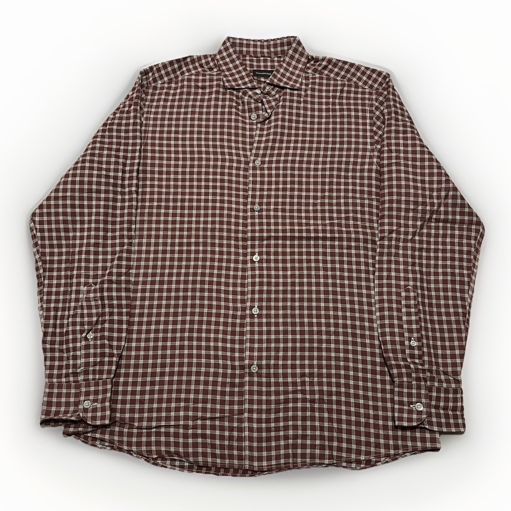 Ermenegildo Zegna Mens Burgundy Grey Micro Check Long Sleeve Button Up Shirt L